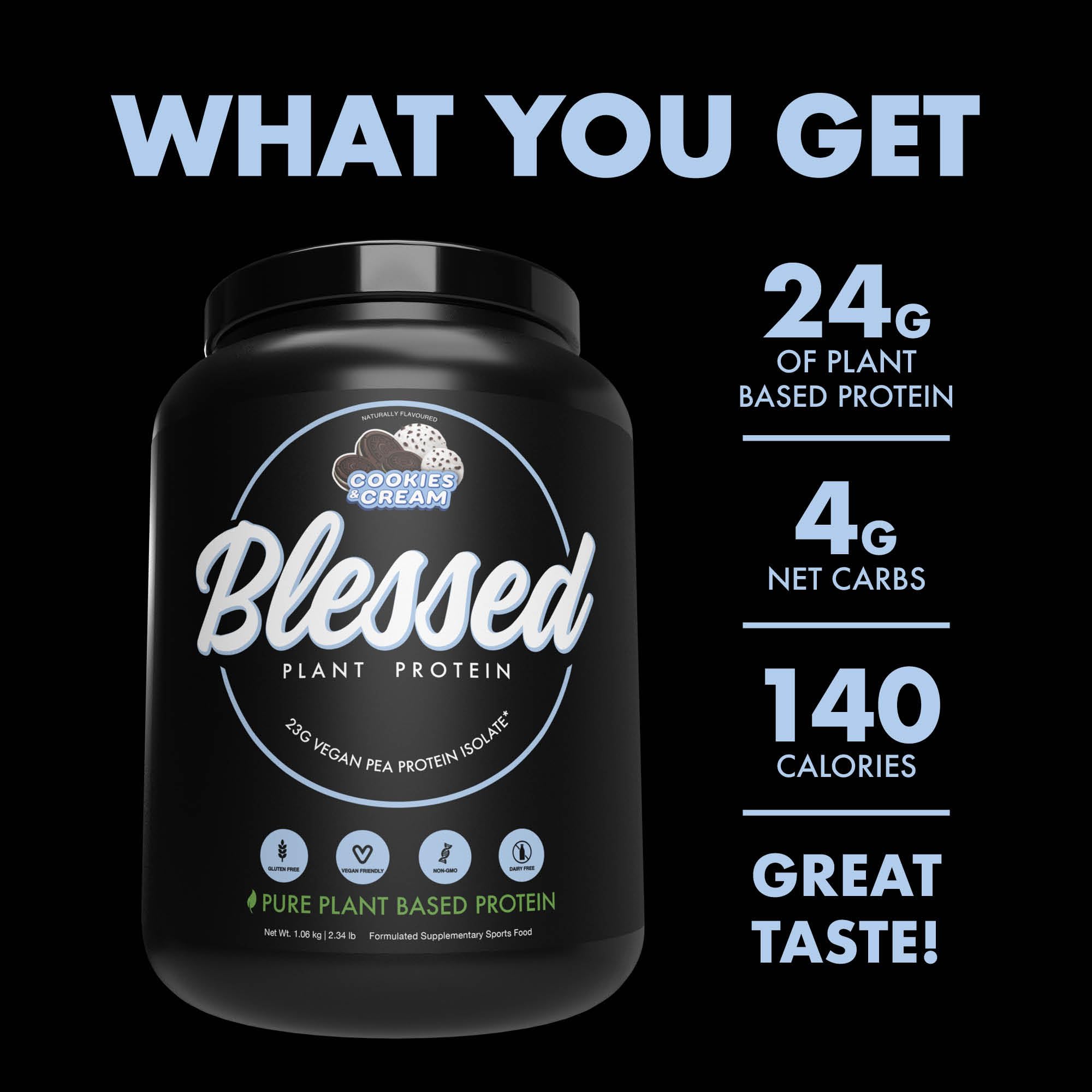 BLESSED protein scoop dispensing image shows precise portions for intake.