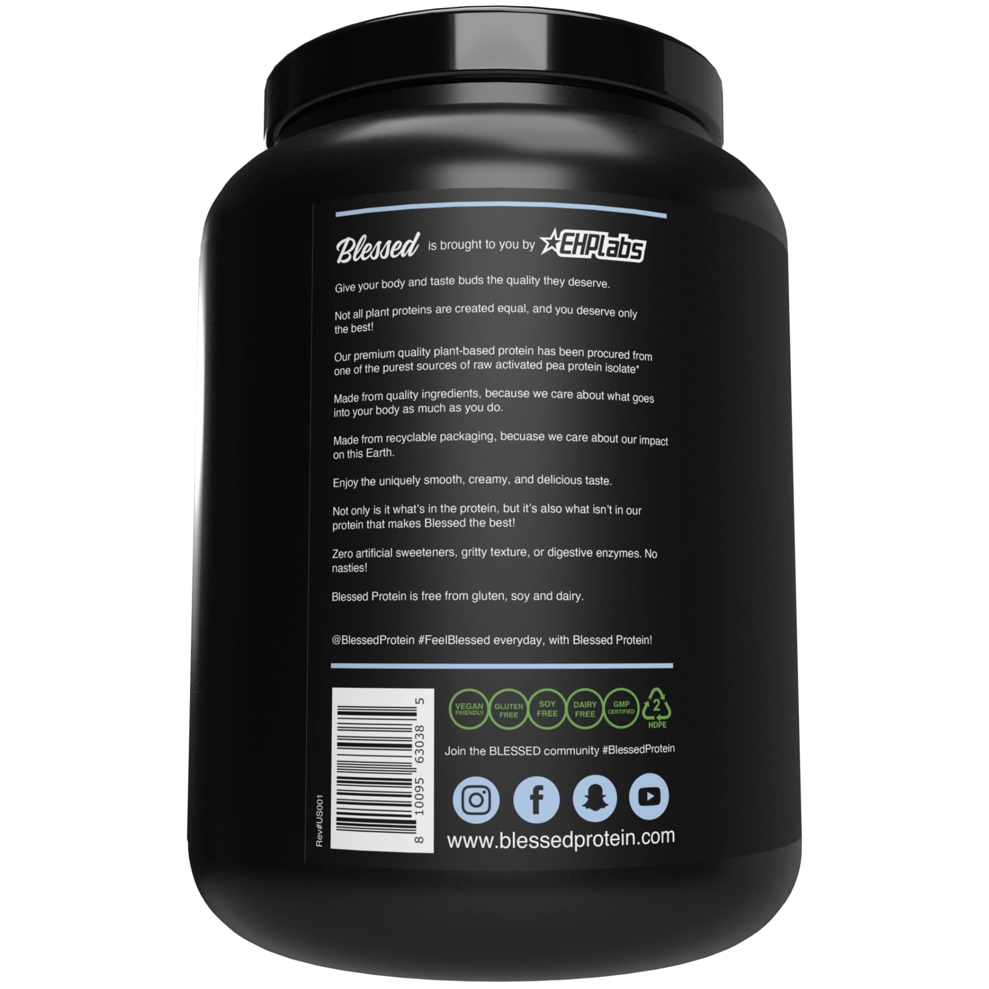 BLESSED vegan protein packaging closeup shows 30 servings and GMP-quality manufacturing.