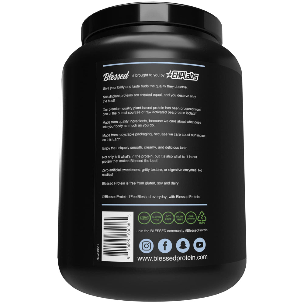 BLESSED vegan protein packaging closeup shows 30 servings and GMP-quality manufacturing.