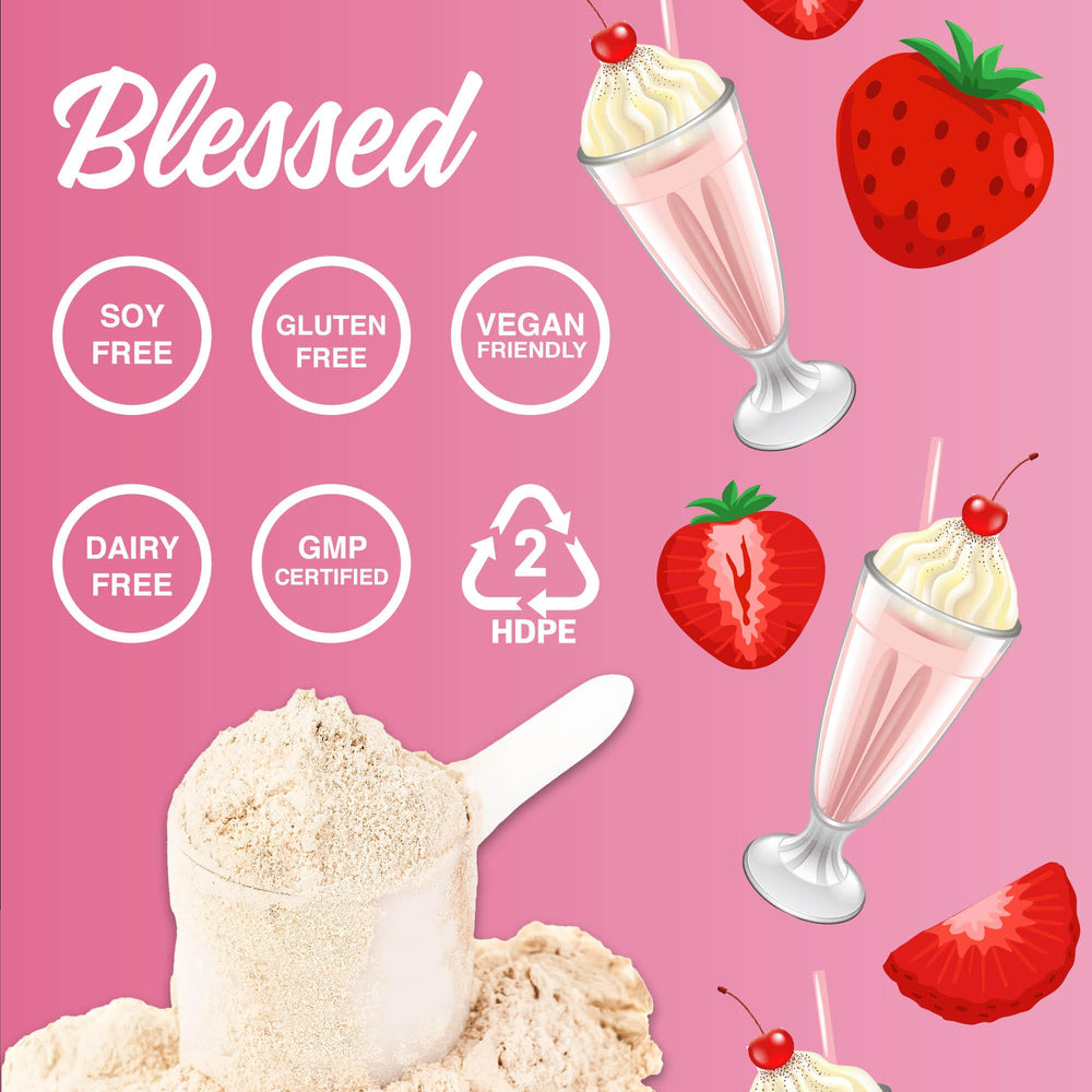 Blessed Vegan Protein Powder ingredients glass shows gluten-free and soy-free formula