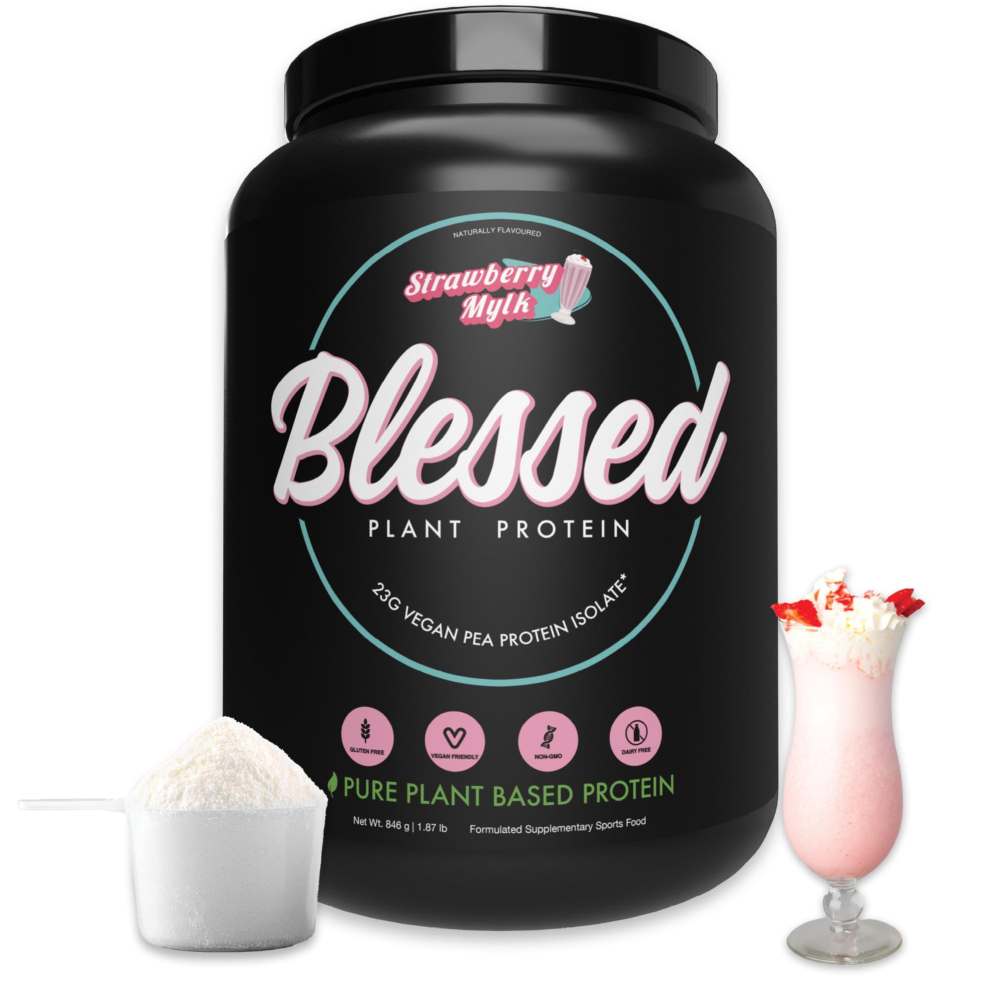 Blessed Vegan Protein Powder Strawberry Mylk jar highlighting plant-based protein for meals