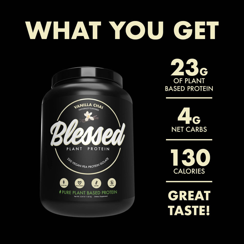 Blessed protein powder scoop showing 23g protein per serving
