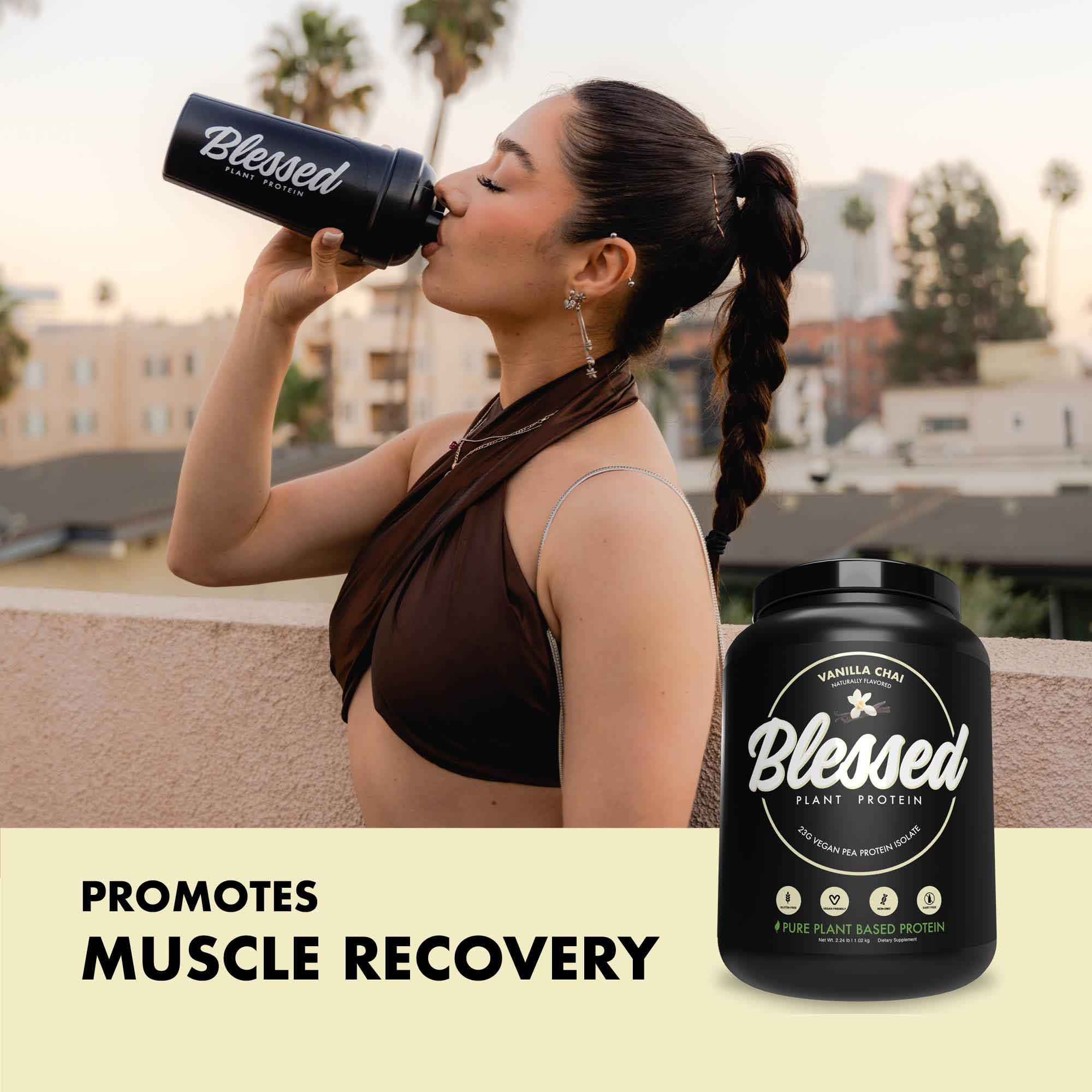 Blessed vegan protein powder shake with water for an on-the-go meal