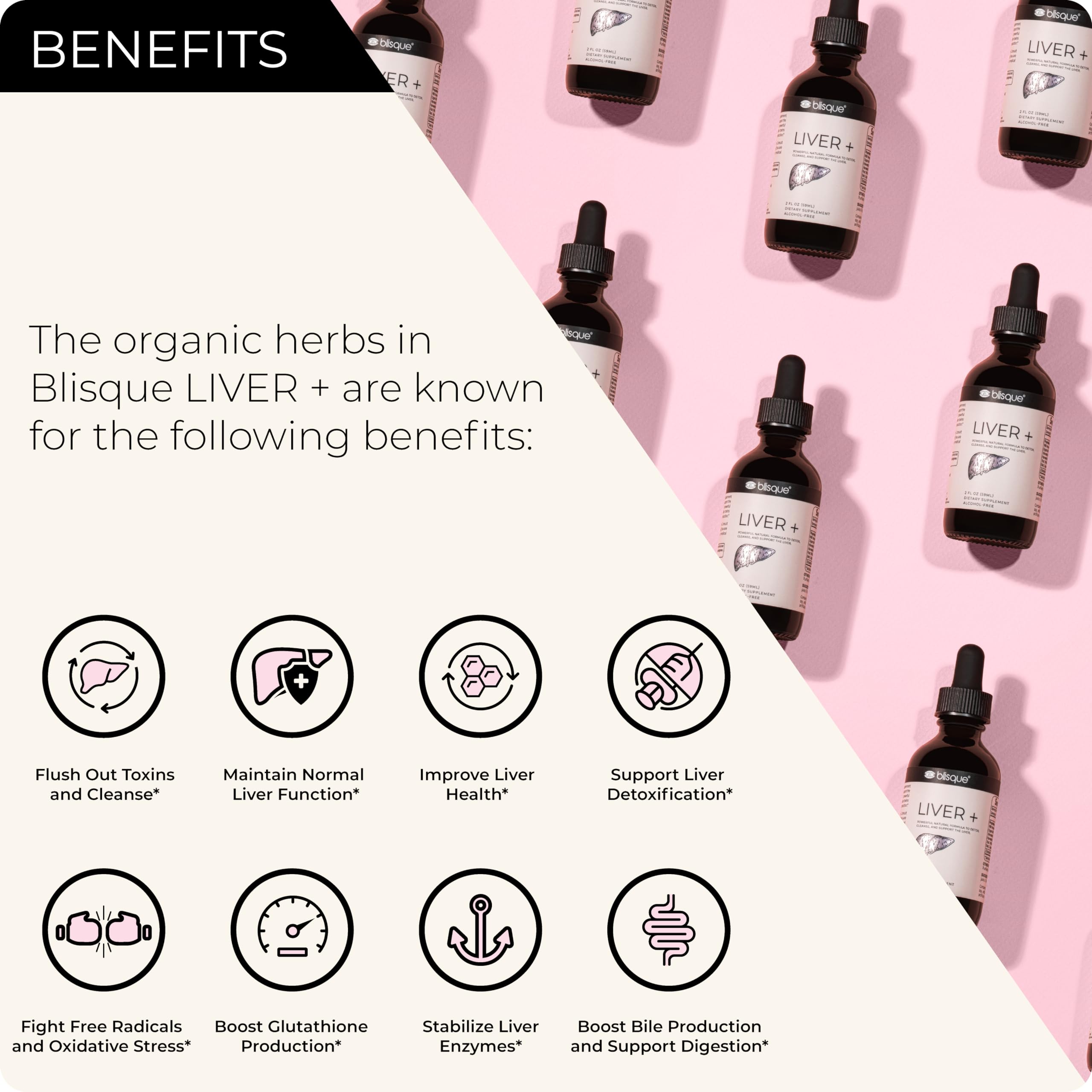 Blisque LIVER+ bottle label showing ingredients