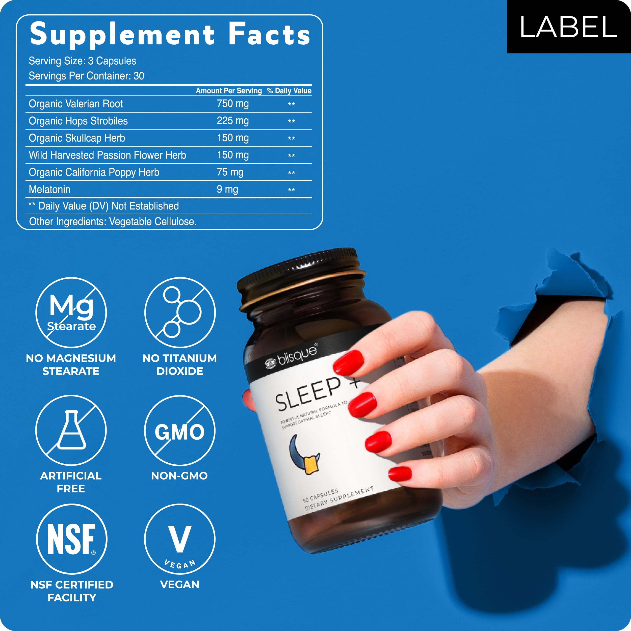 Non-GMO, vegan, cruelty-free sleep supplement packaging