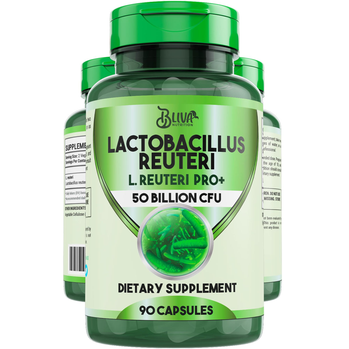 Front label of BLIVA Lactobacillus Reuteri Capsules highlighting 50B CFU per serving and 90 capsules