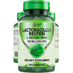 Front label of BLIVA Lactobacillus Reuteri Capsules highlighting 50B CFU per serving and 90 capsules