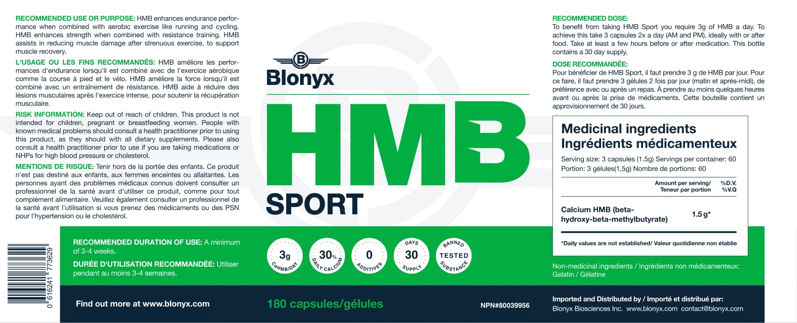 Blonyx HMB Sport Capsules on white background with 30-day supply concept