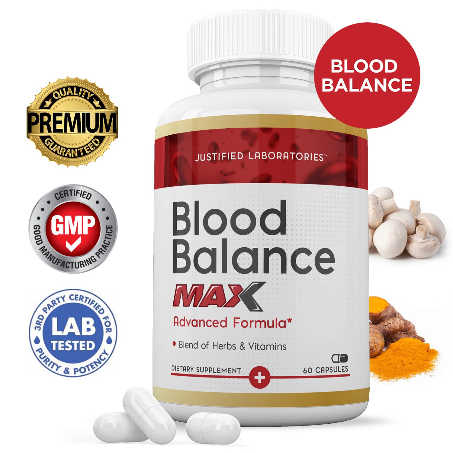 Nutrition facts and capsule close-up for Blood Balance Max 1295MG