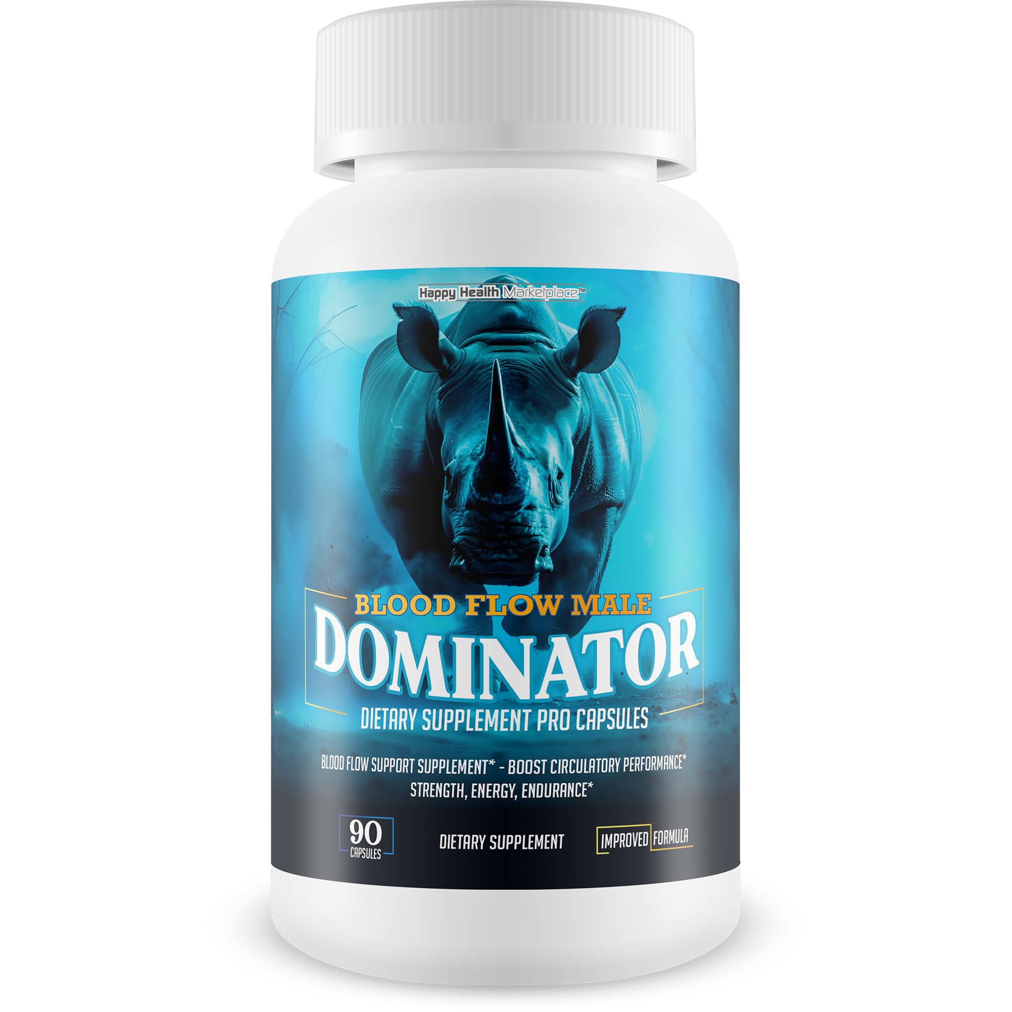 Blood Flow Male Dominator bottle with capsules on white background