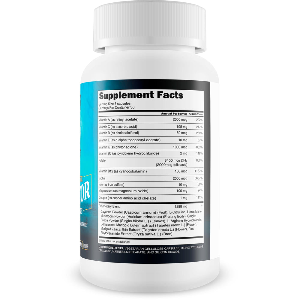 Close-up of Blood Flow Male Dominator label and ingredients