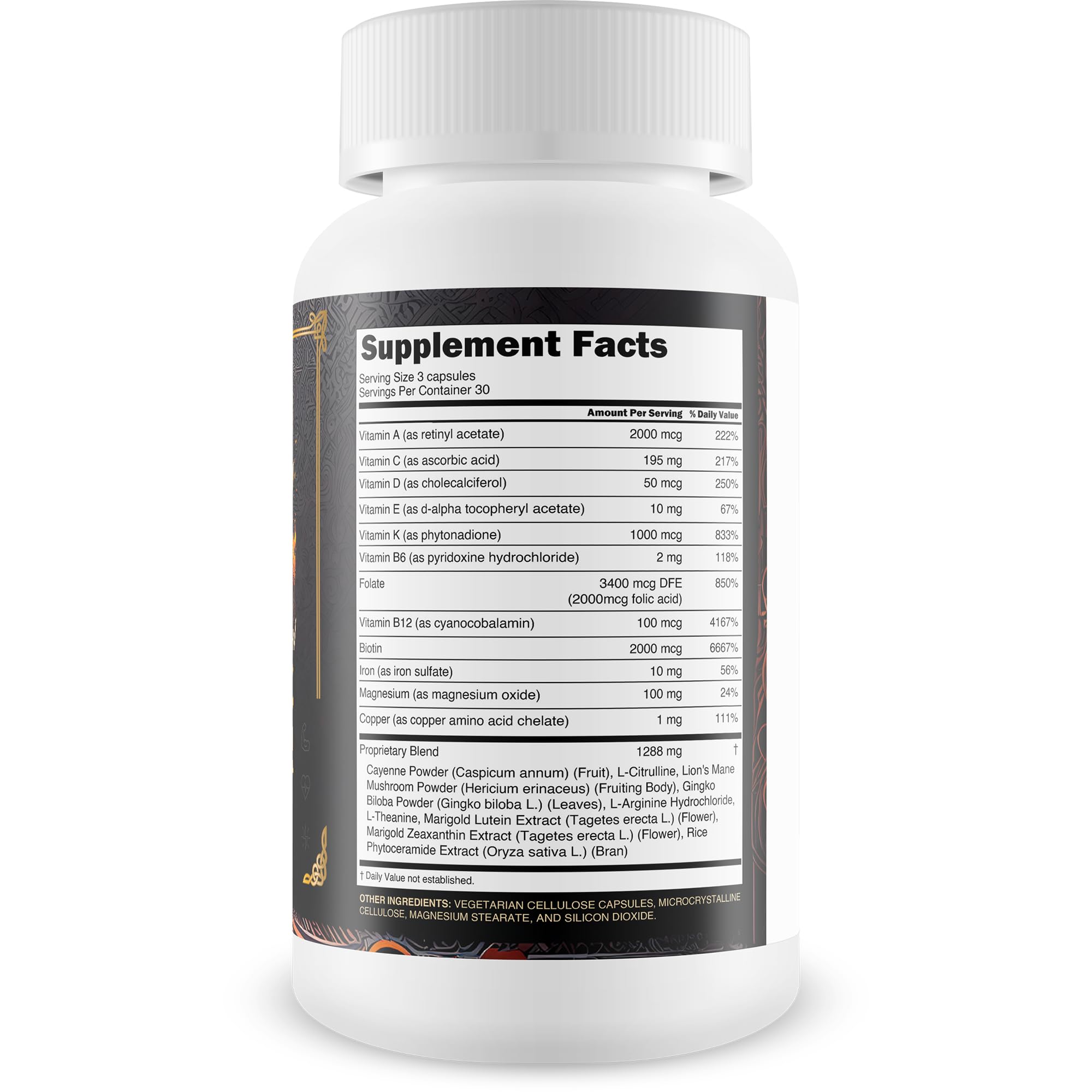 Close-up of key ingredients: Vitamin B12, L-Arginine, and Ginkgo Biloba