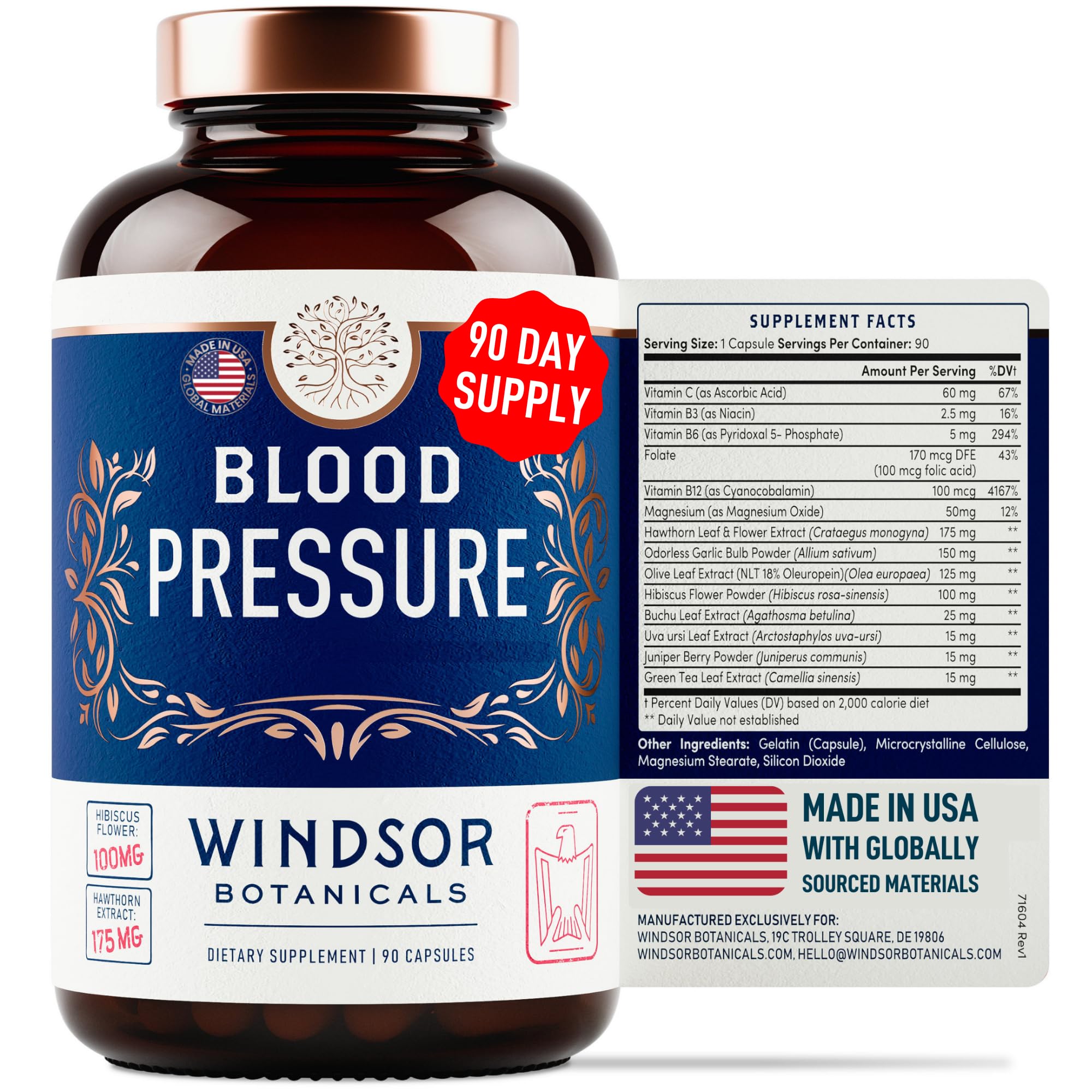 Blood Pressure Support supplement with green tea, hibiscus, hawthorn, and garlic.