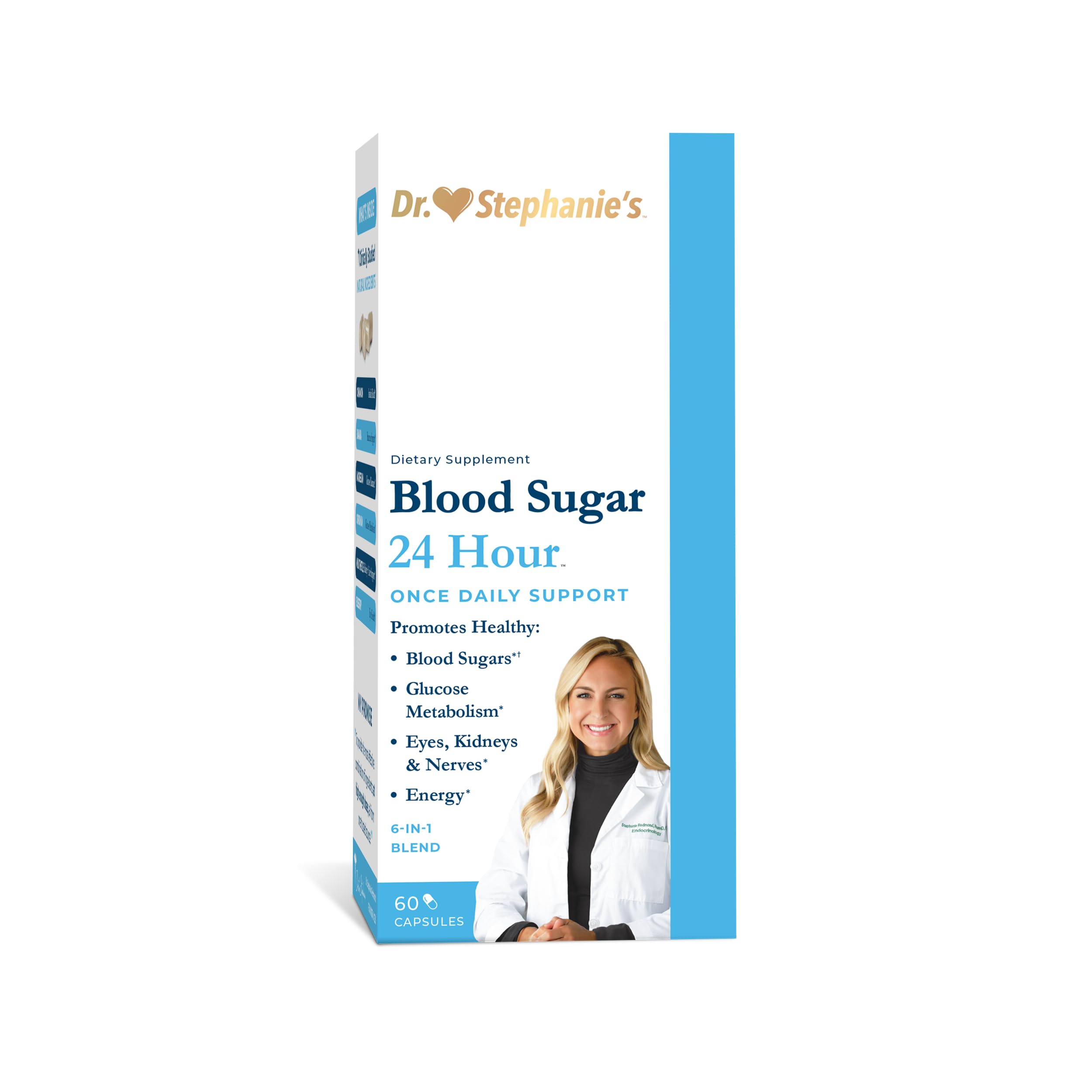 Blood Sugar 24 Hour 6-in-1 formula bottle with Cinnamon, Banaba, Chromium, Milk Thistle and more