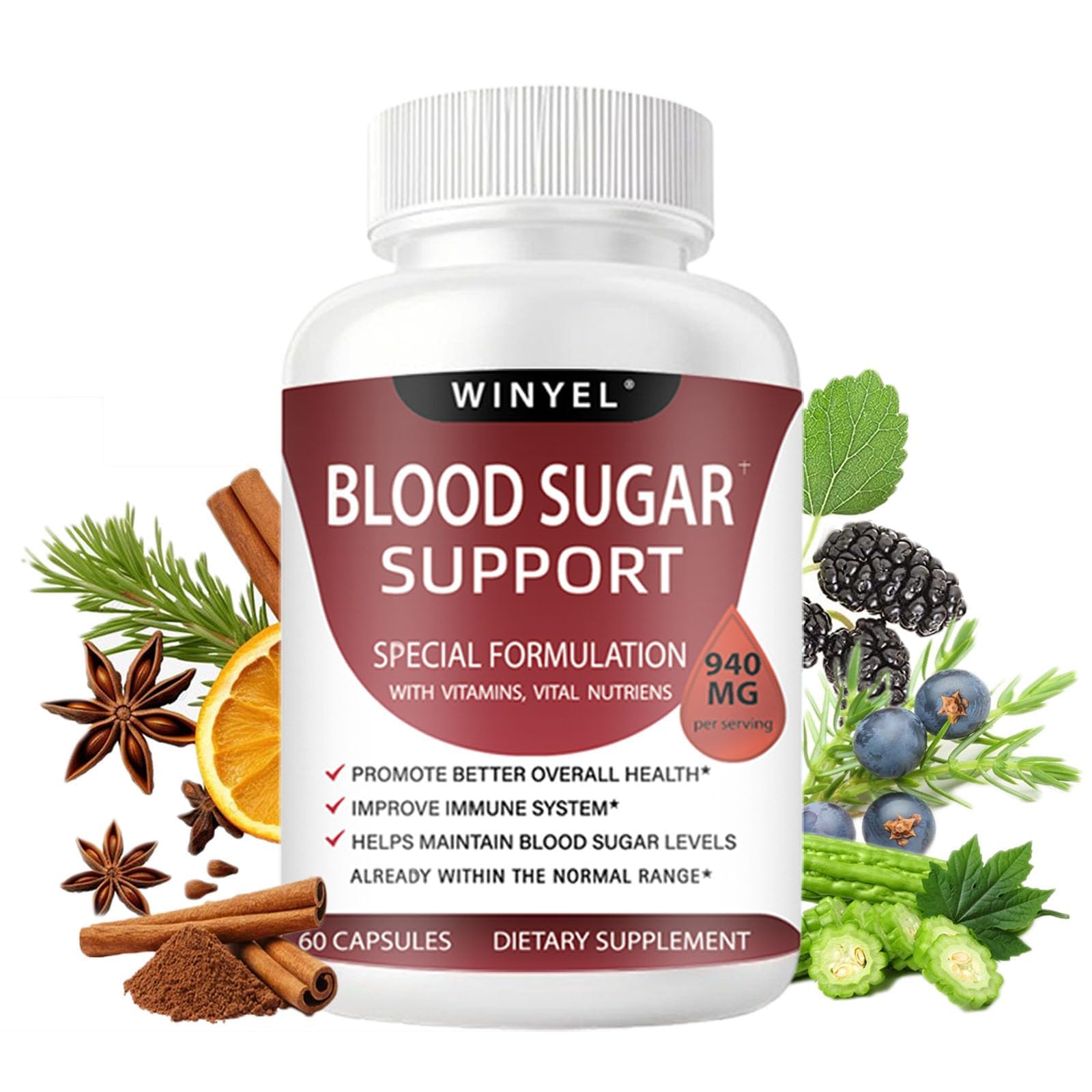 Blood Sugar Complex bottle label featuring Cinnamon and Bitter Melon