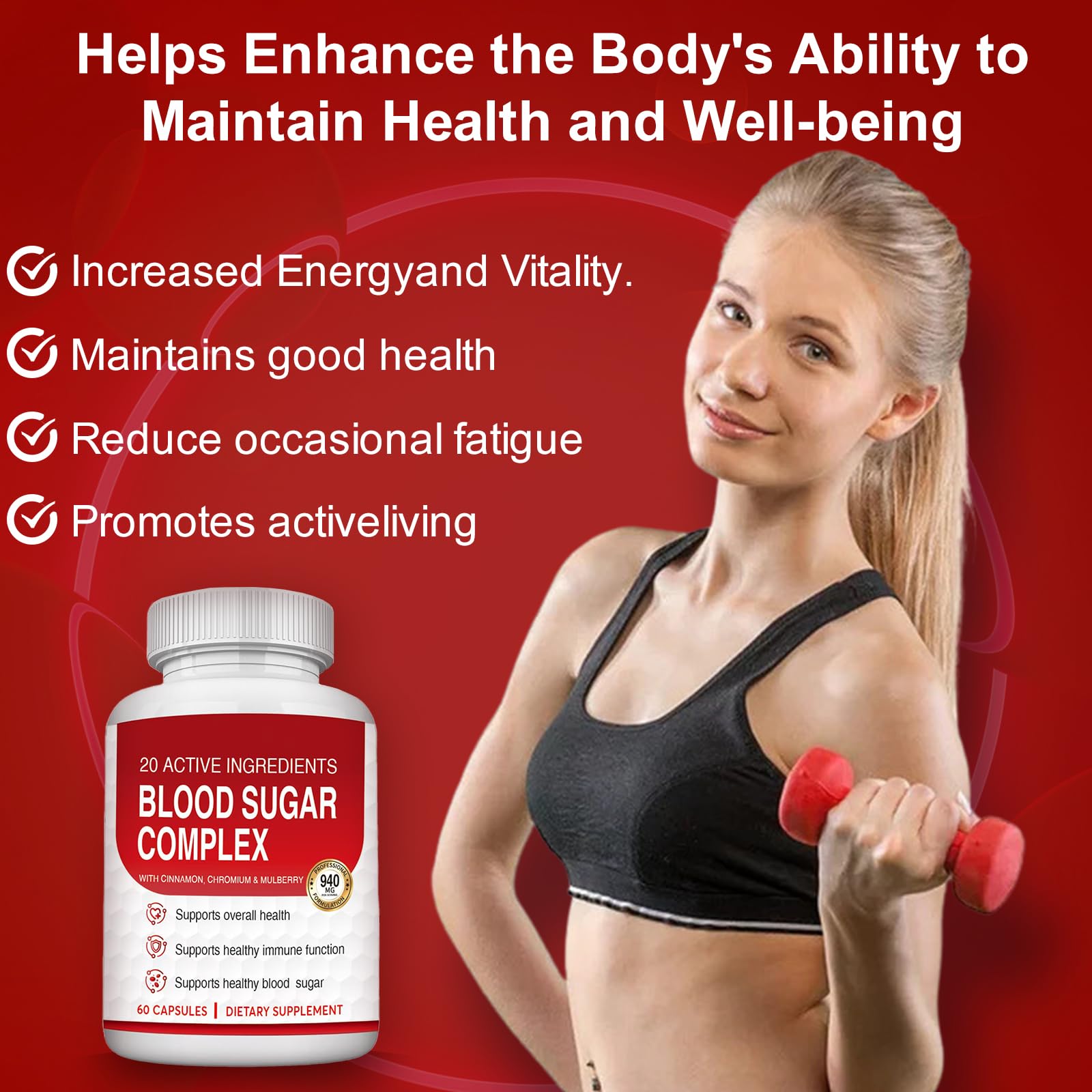 Lifestyle shot of Blood Sugar Complex Supplement on kitchen counter