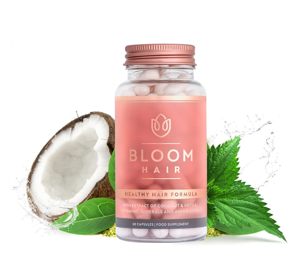 Bloom Hair Capsules bottle label showing women's hair vitamins