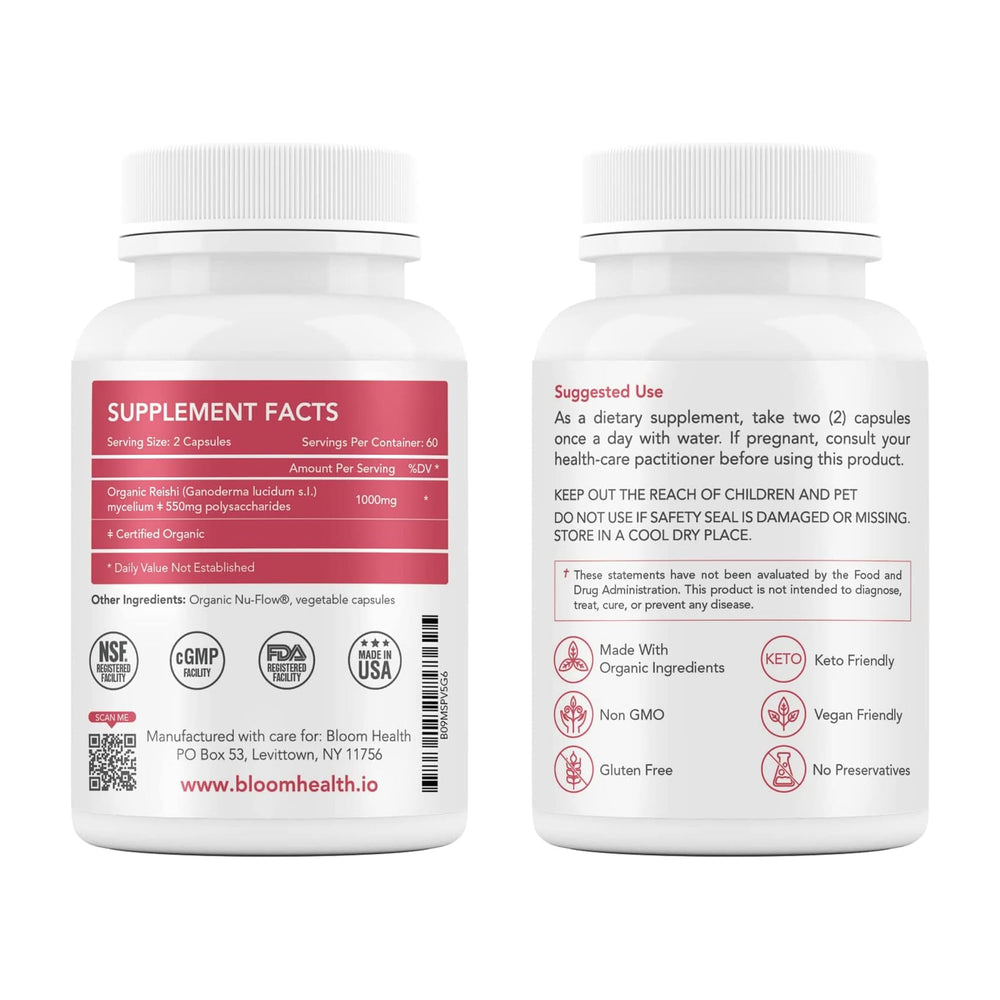 Close-up of Bloom Health Reishi mushroom capsules