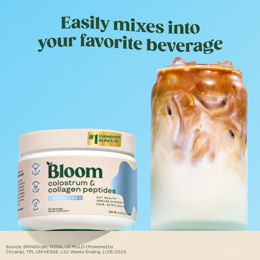 Scoop of unflavored colostrum powder next to container
