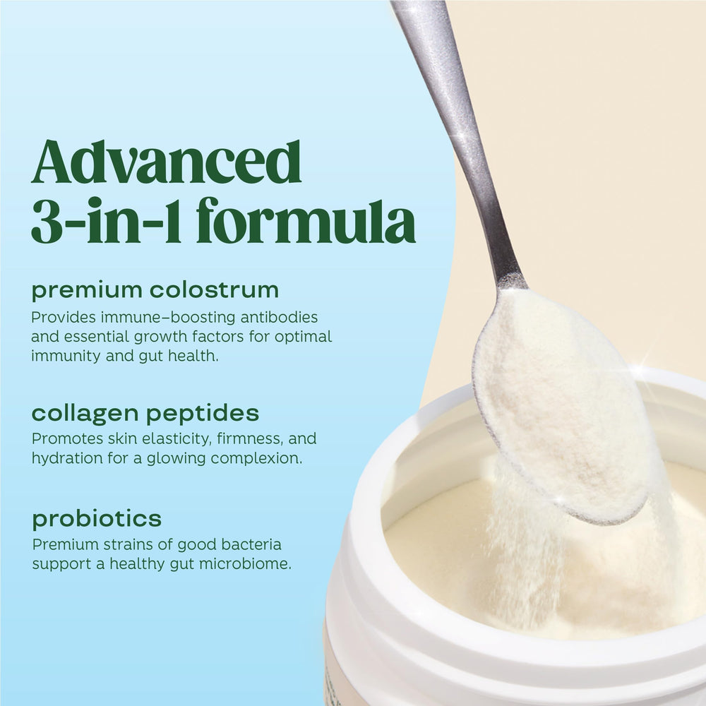 Sustainably sourced colostrum and collagen from USA family farms with third-party testing seal