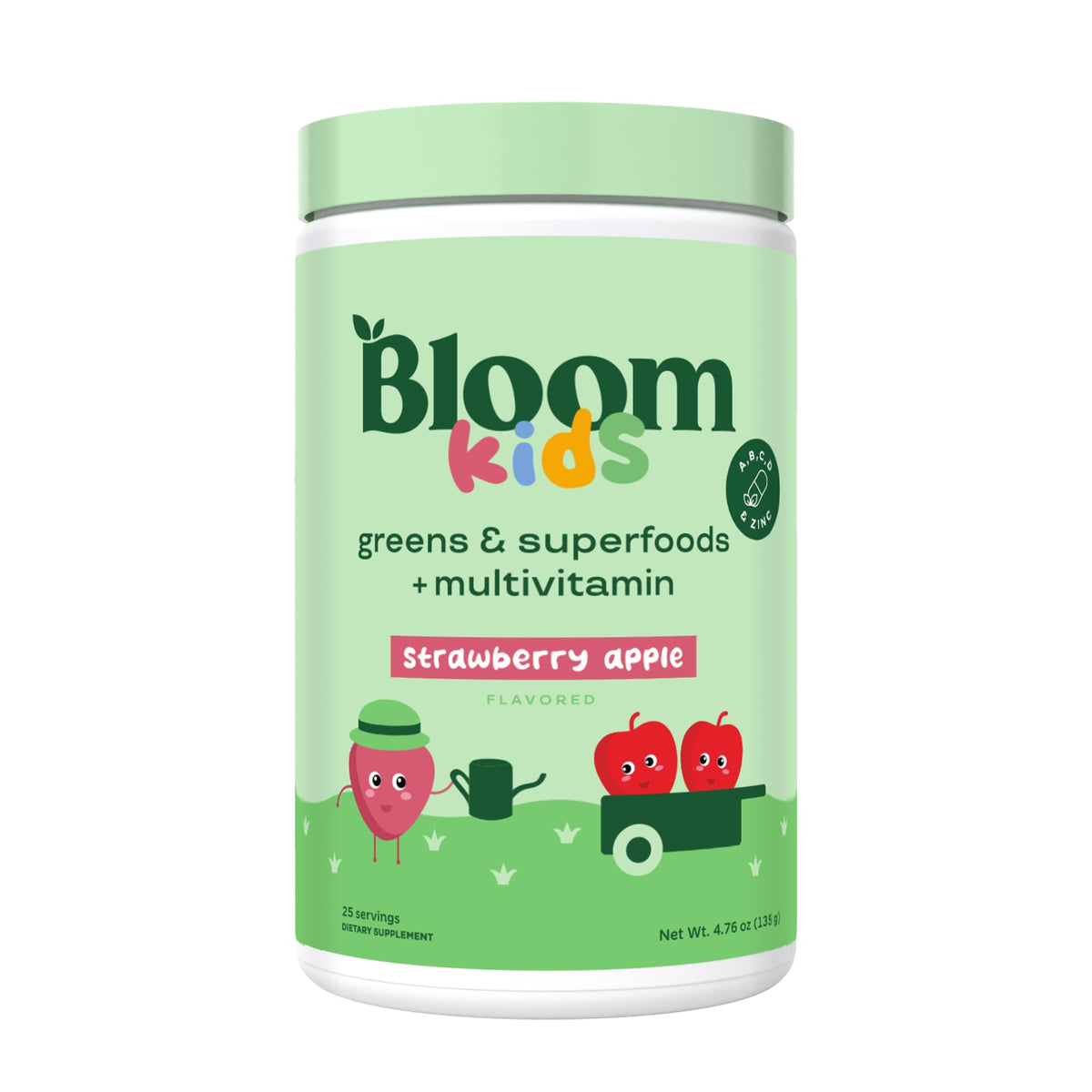 Bloom Nutrition Kids Greens Powder container with Strawberry Apple flavor label