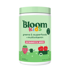 Bloom Nutrition Kids Greens Powder container with Strawberry Apple flavor label