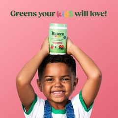 Glass of prepared kid-friendly green juice made with Bloom Greens Powder