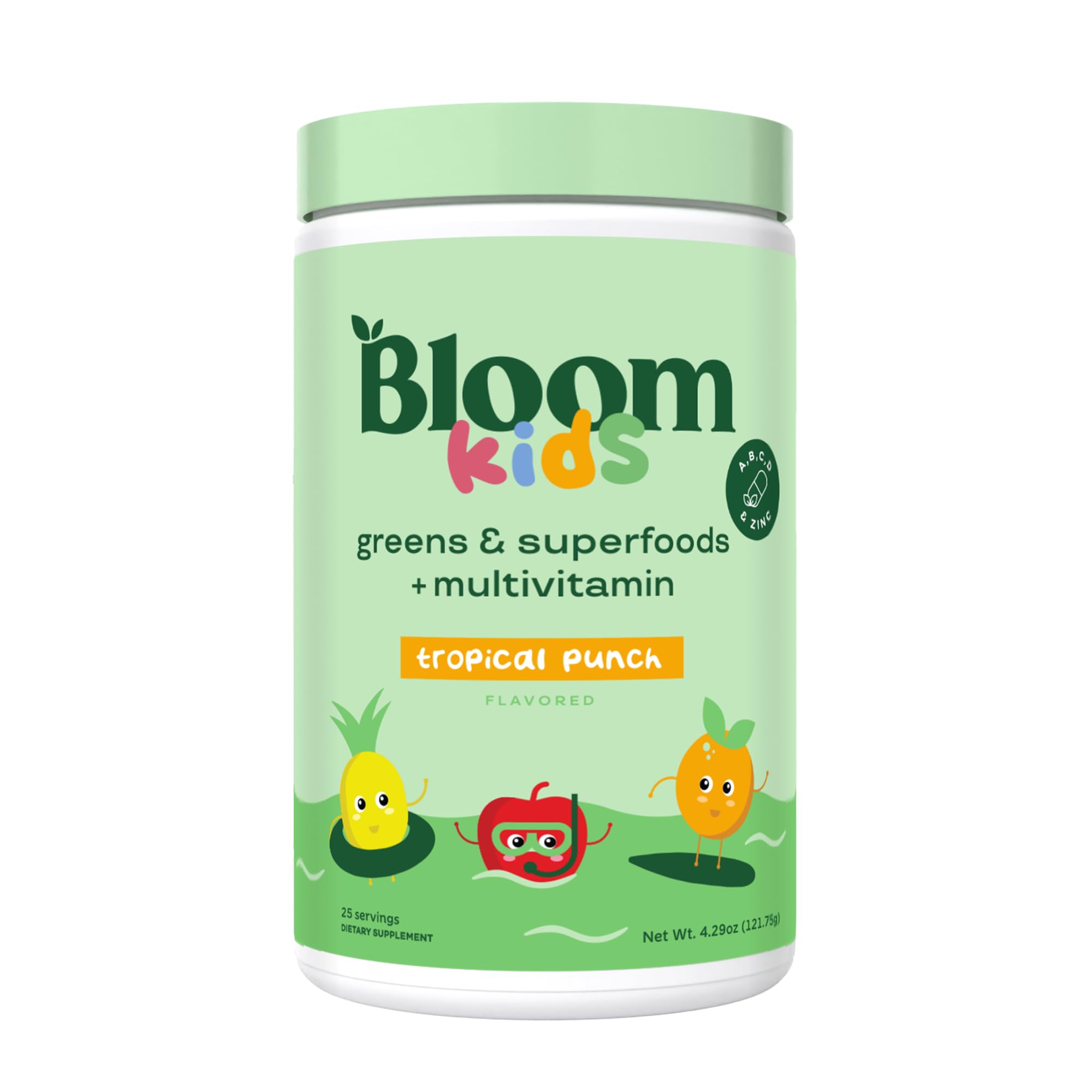 Front view of Bloom Nutrition Kids Greens Powder Tropical Punch packaging