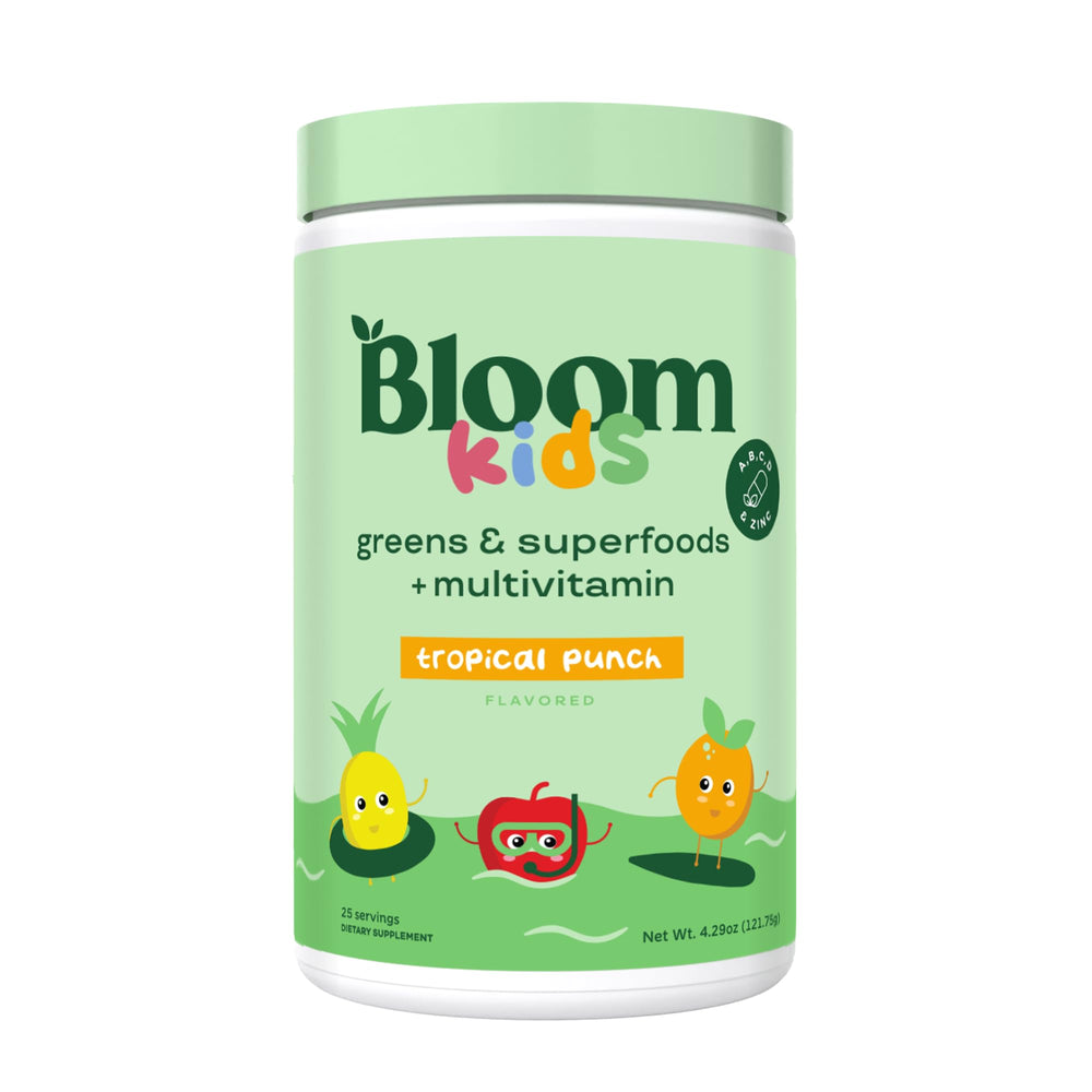 Front view of Bloom Nutrition Kids Greens Powder Tropical Punch packaging