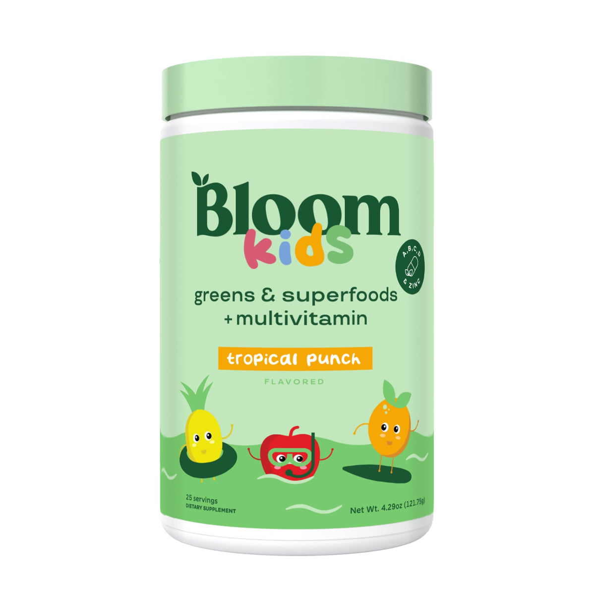 Front view of Bloom Nutrition Kids Greens Powder Tropical Punch packaging