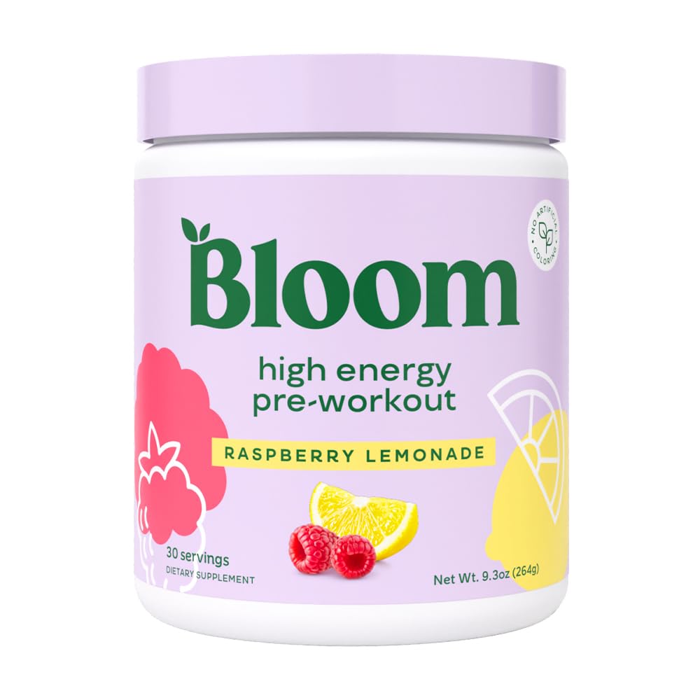 Bloom Nutrition High Energy Pre Workout Raspberry Lemonade scoop and container
