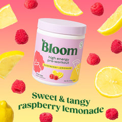 Close-up of Raspberry Lemonade flavored powder being scooped from Bloom Pre Workout tub