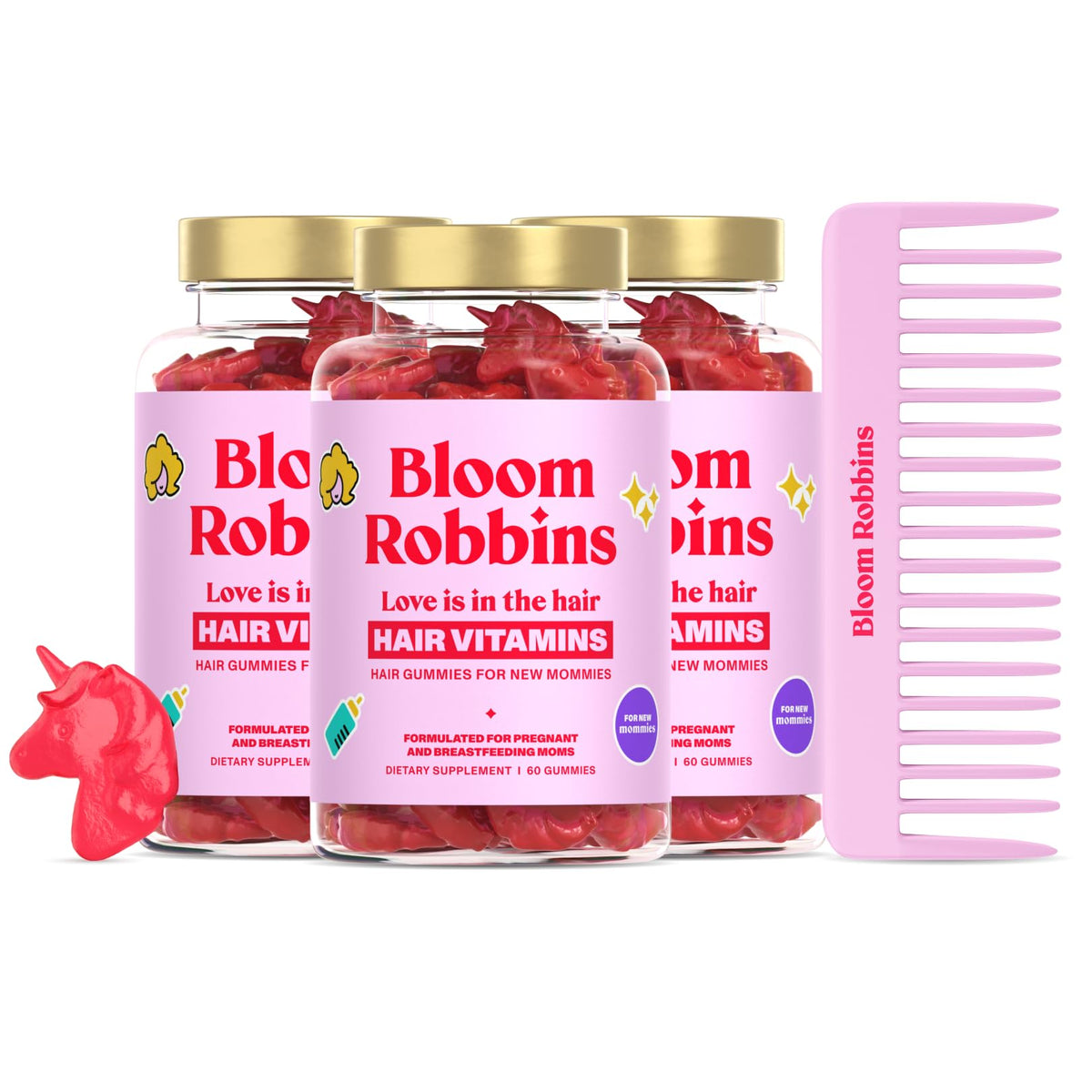 Bloom Robbins prenatal hair gummy bottle on countertop