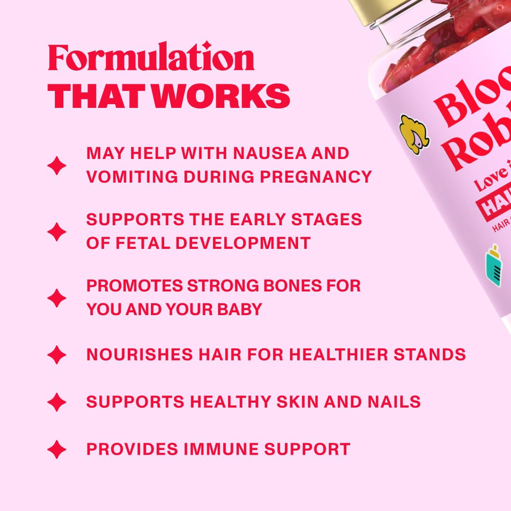 Postpartum hair health messaging on Bloom Robbins prenatal gummies