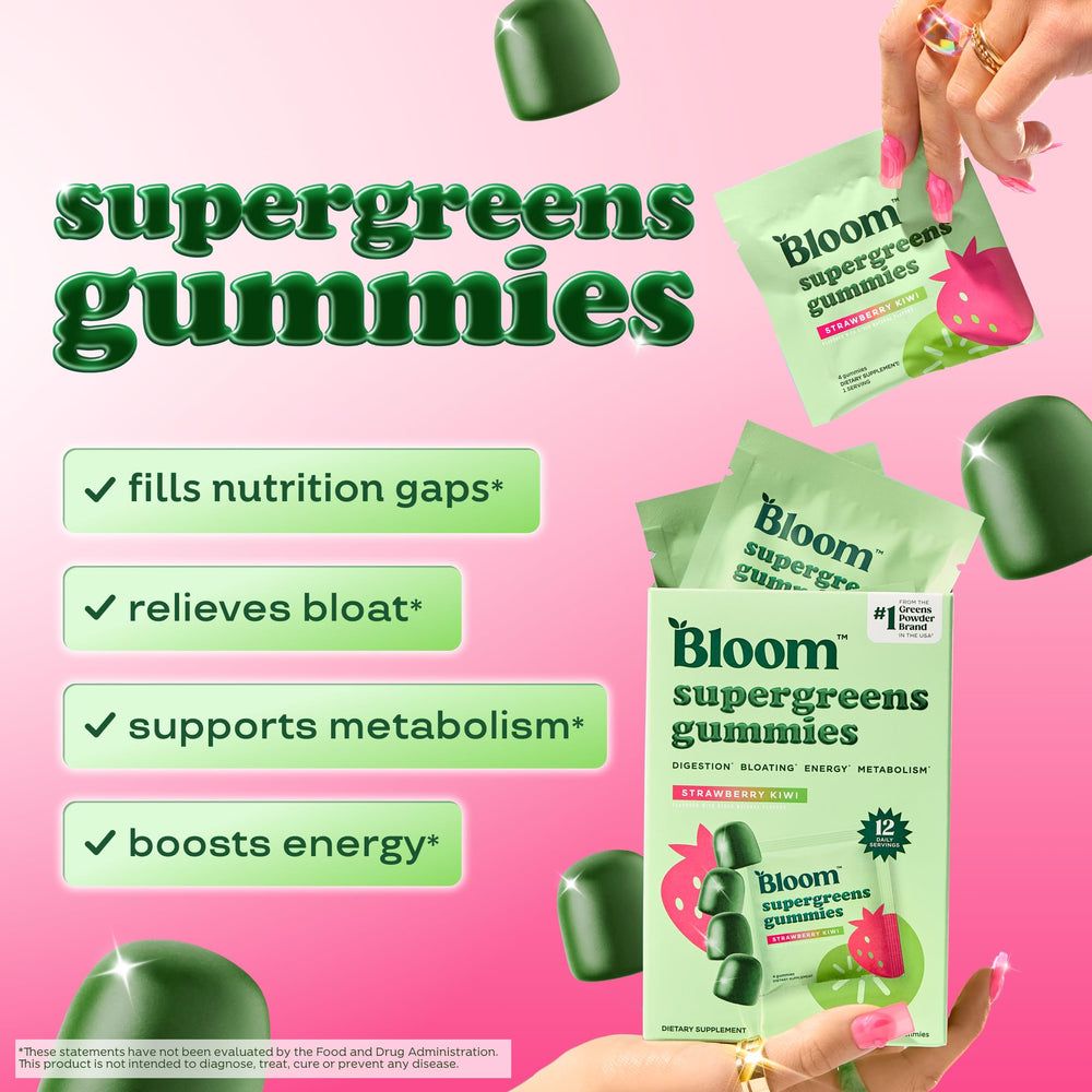 Close-up of Bloom Super Greens Gummies showing strawberry kiwi flavor