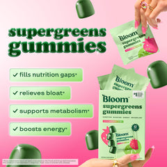 Close-up of Bloom Super Greens Gummies showing strawberry kiwi flavor