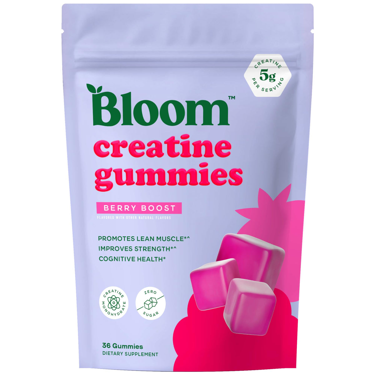 Bloom Creatine Monohydrate Gummies Berry Boost bottle label