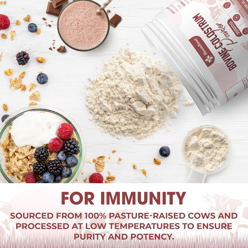 Close-up of colostrum powder highlighting brain and immune health benefits