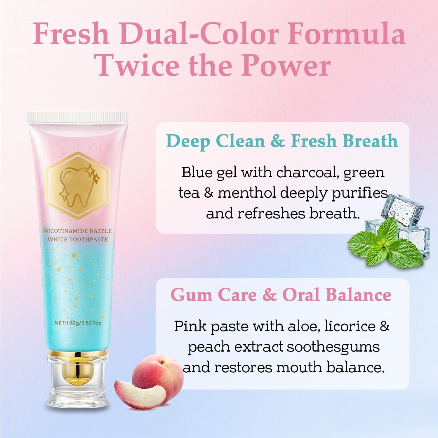 Dual-color toothpaste with blue charcoal gel and green tea swirl