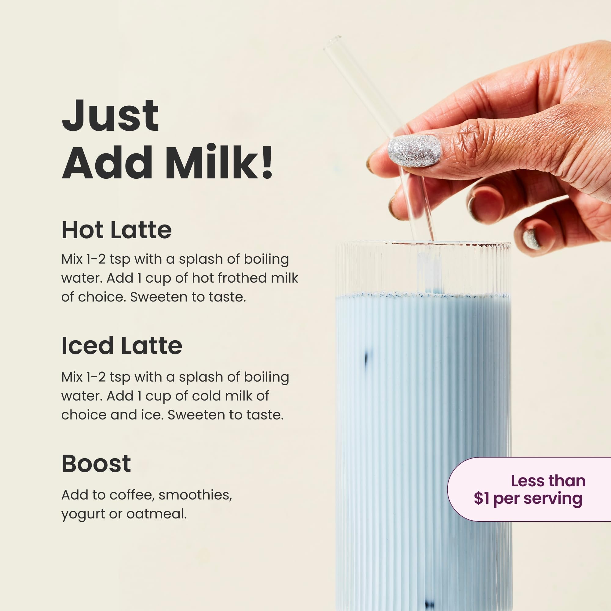 Blue-hued latte served in a glass mug