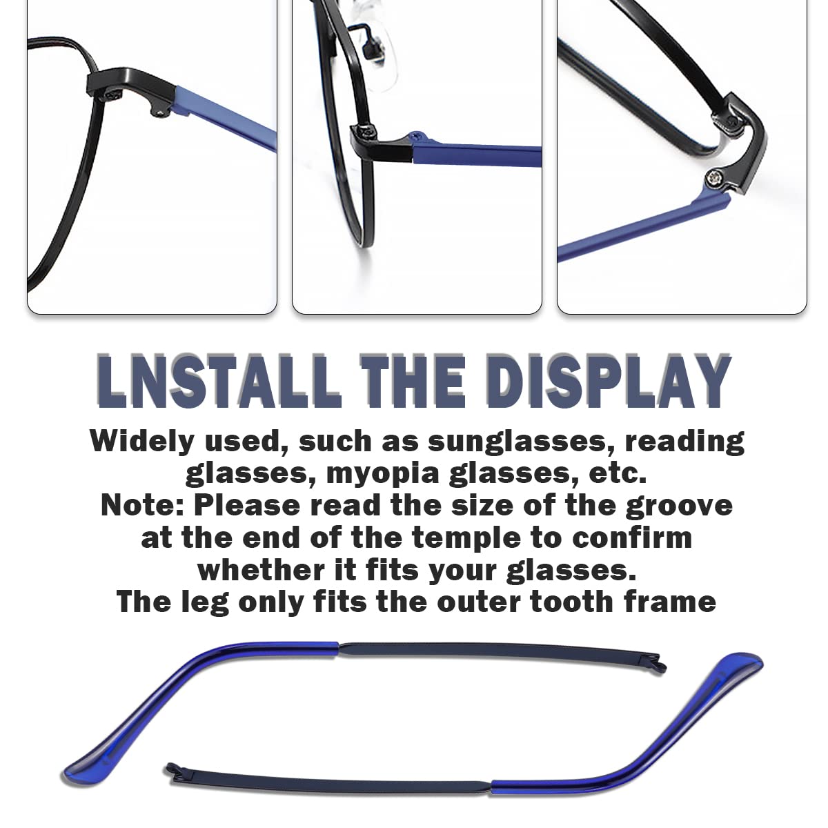 Angled view of blue eyeglass arm replacement