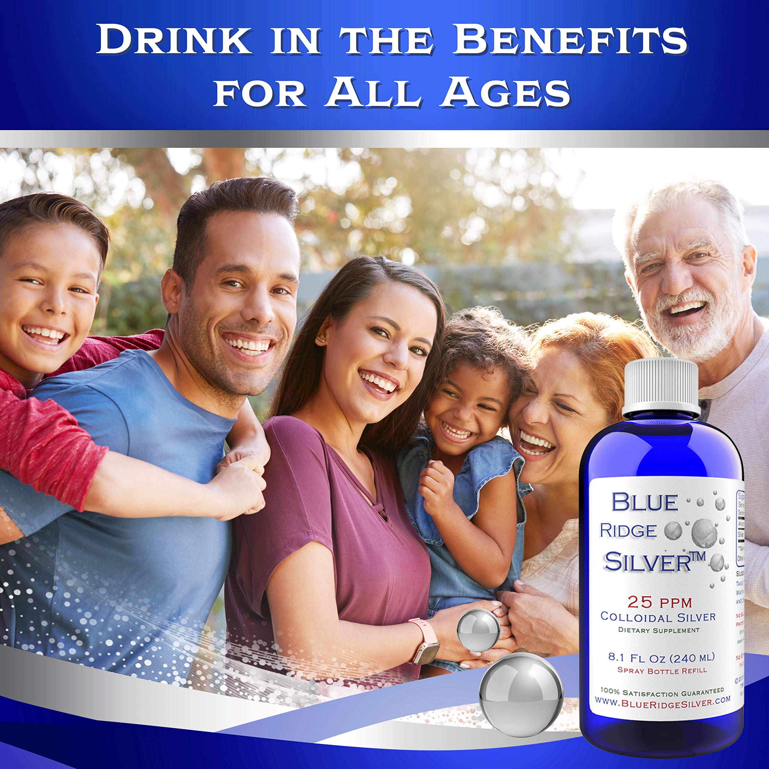 Colloidal silver bottle with clear liquid on white background