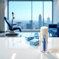 Ergonomic blue silicone lens tool in hand for lens insertion