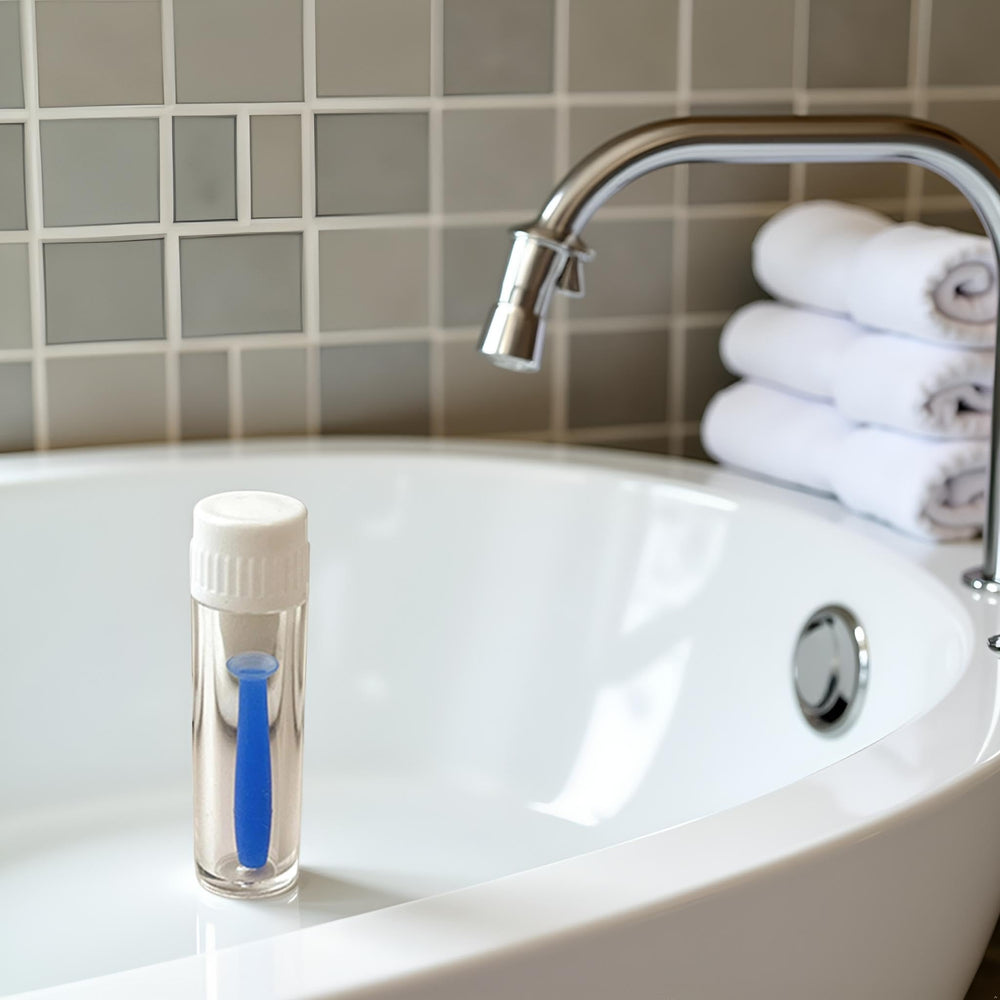 Close-up of blue silicone lens plunger for soft and hard lenses