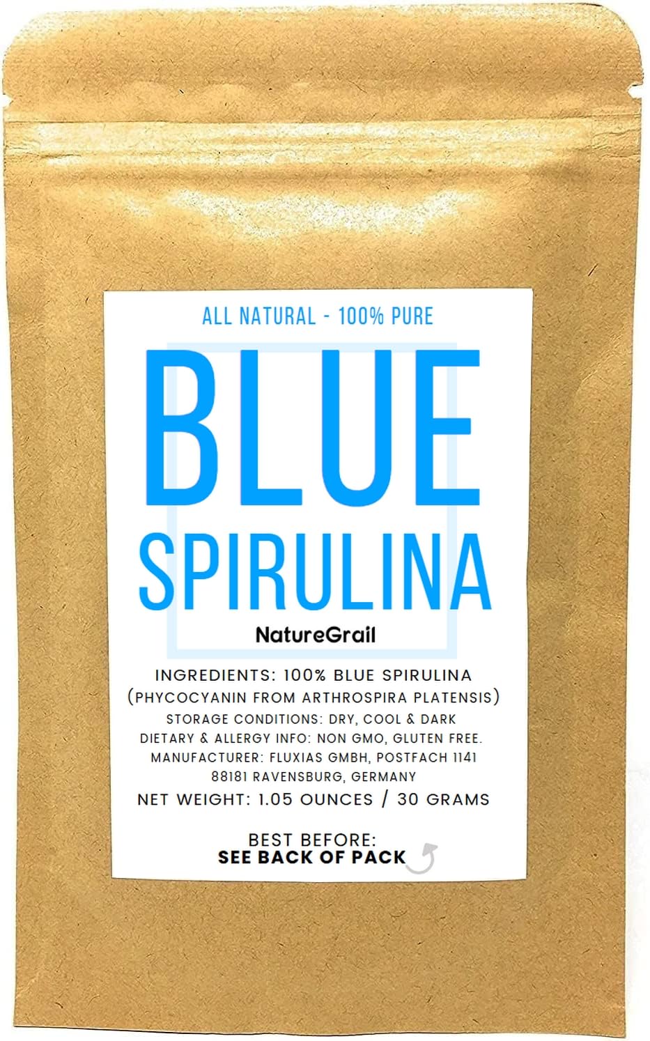 Blue spirulina powder in a white scoop