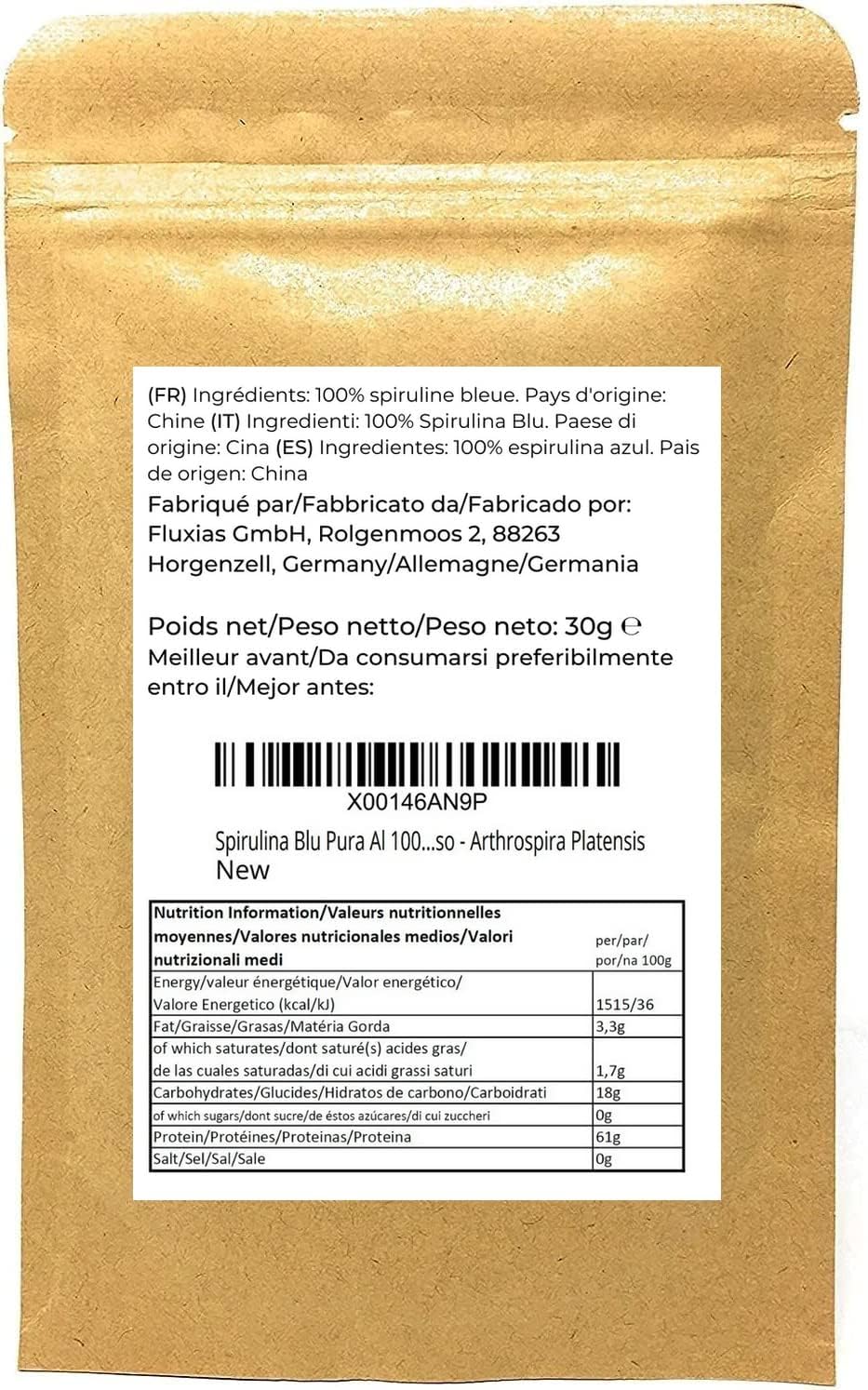 Kraft paper packaging of blue spirulina powder