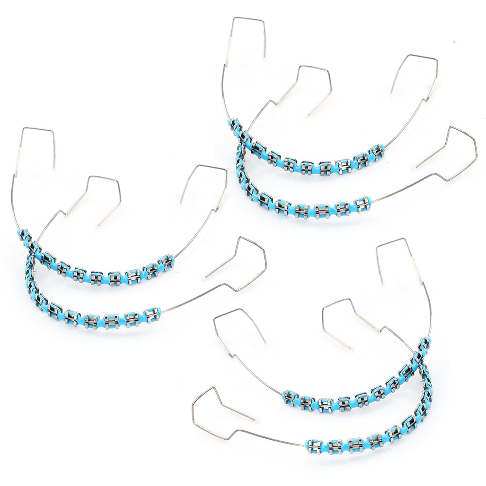 Three blue teeth retainer braces set for orthodontic teaching.