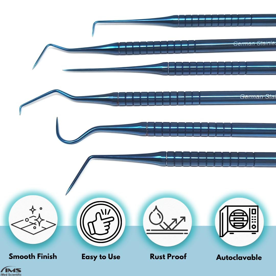 Blue titanium coated dental tool with knurled handle