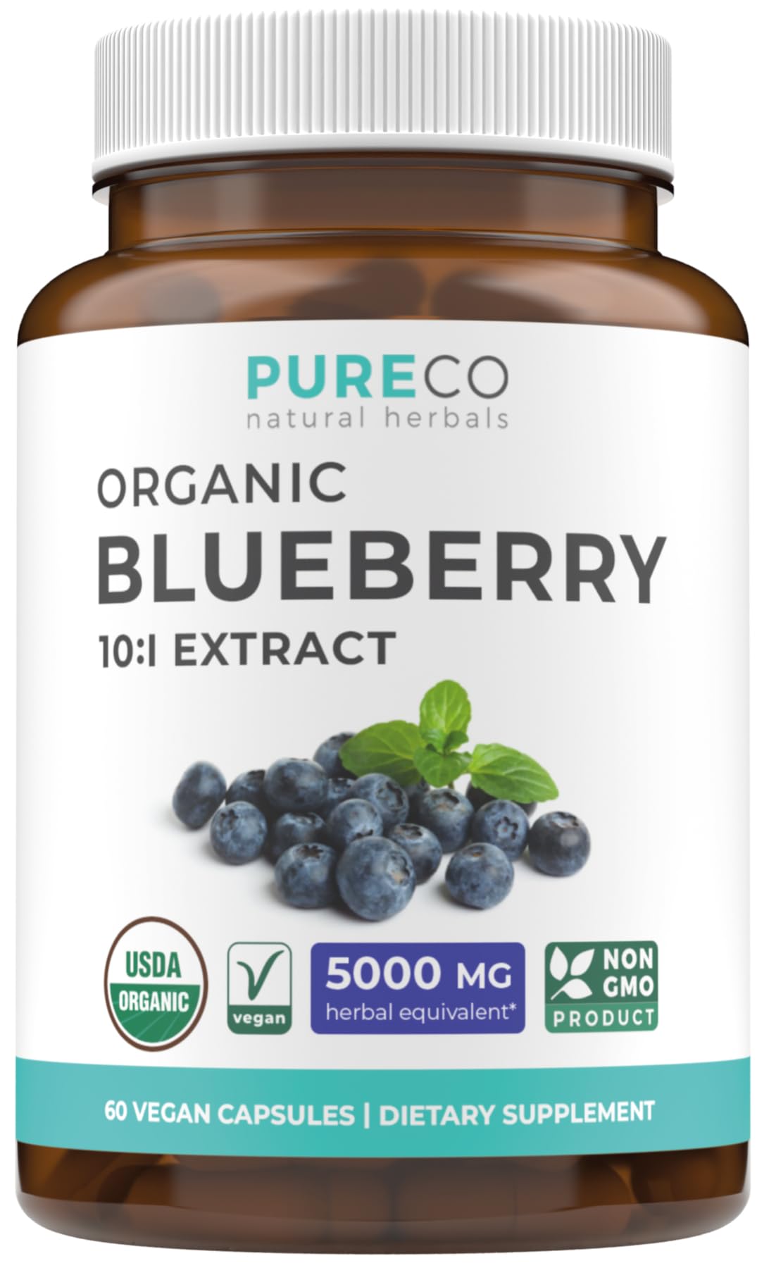 Bottle of Certified Organic Blueberry Extract Capsules with label