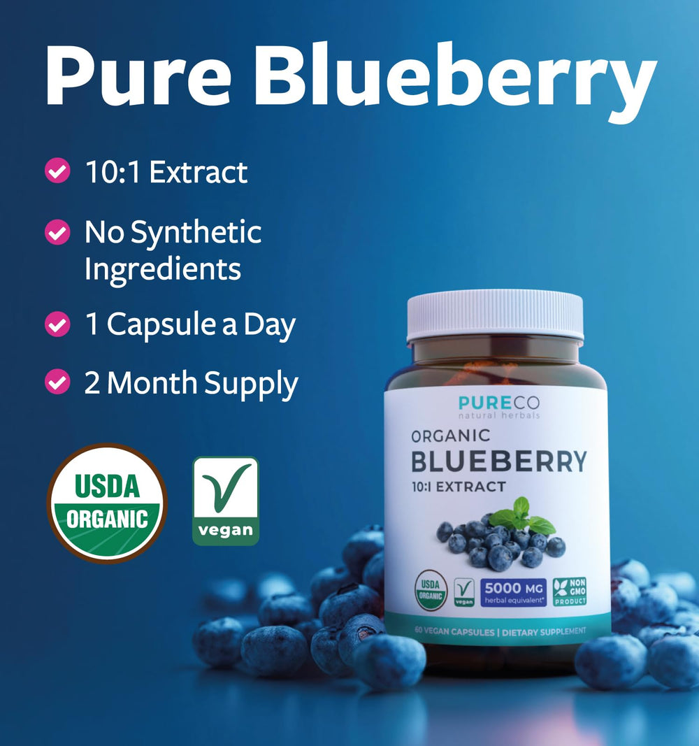 Close-up of high-potency 10:1 blueberry extract capsules